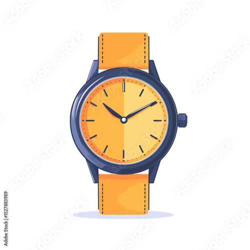 Isolated Wristwatch with Yellow Leather Strap Blue Metal Casing Simple Vector Illustration on White Background