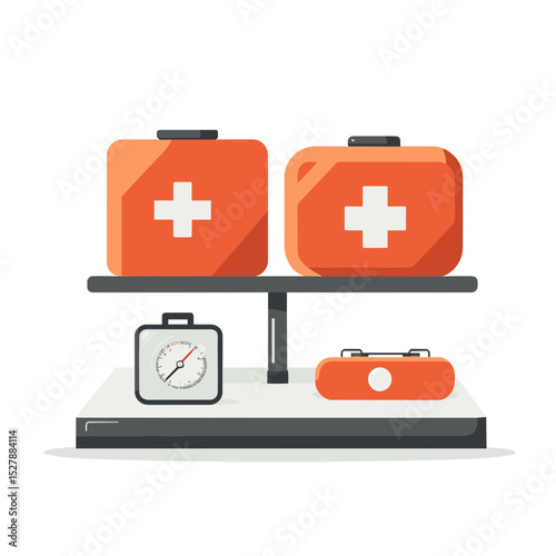 Isometric First Aid Kits and Gauge Equipment on a Gray Shelving Unit in Well Lit Arrangement