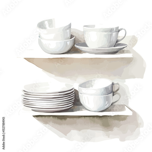 Minimalist White Dinnerware On Shelf, watercolor illustration vector, high quality, isolated on a white background.
