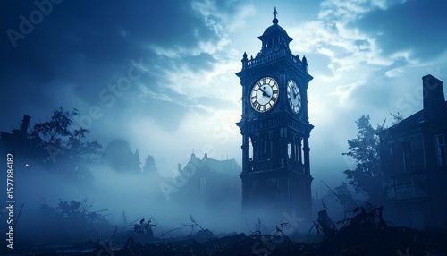 Dilapidated clocktower surrounded by creeping fog, bathed in eerie indigo light, standing still in a forgotten twilight town