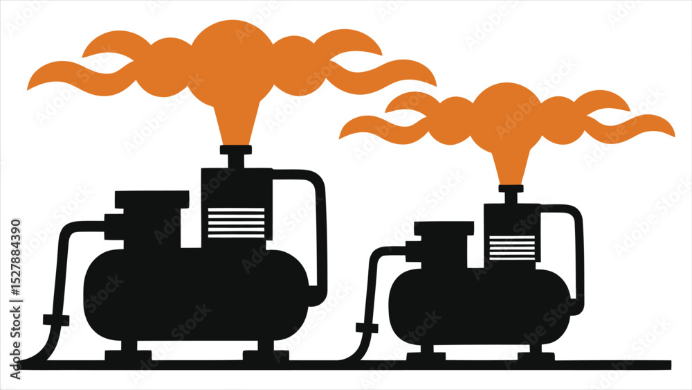 Obraz premium Two Industrial Air Compressors in Vector Silhouette, Exhaling Orange Steam/A simple, stylized illustration of two air compressors.