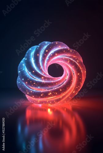 Illuminated abstract spiral sculpture with colorful lights reflecting on a dark background