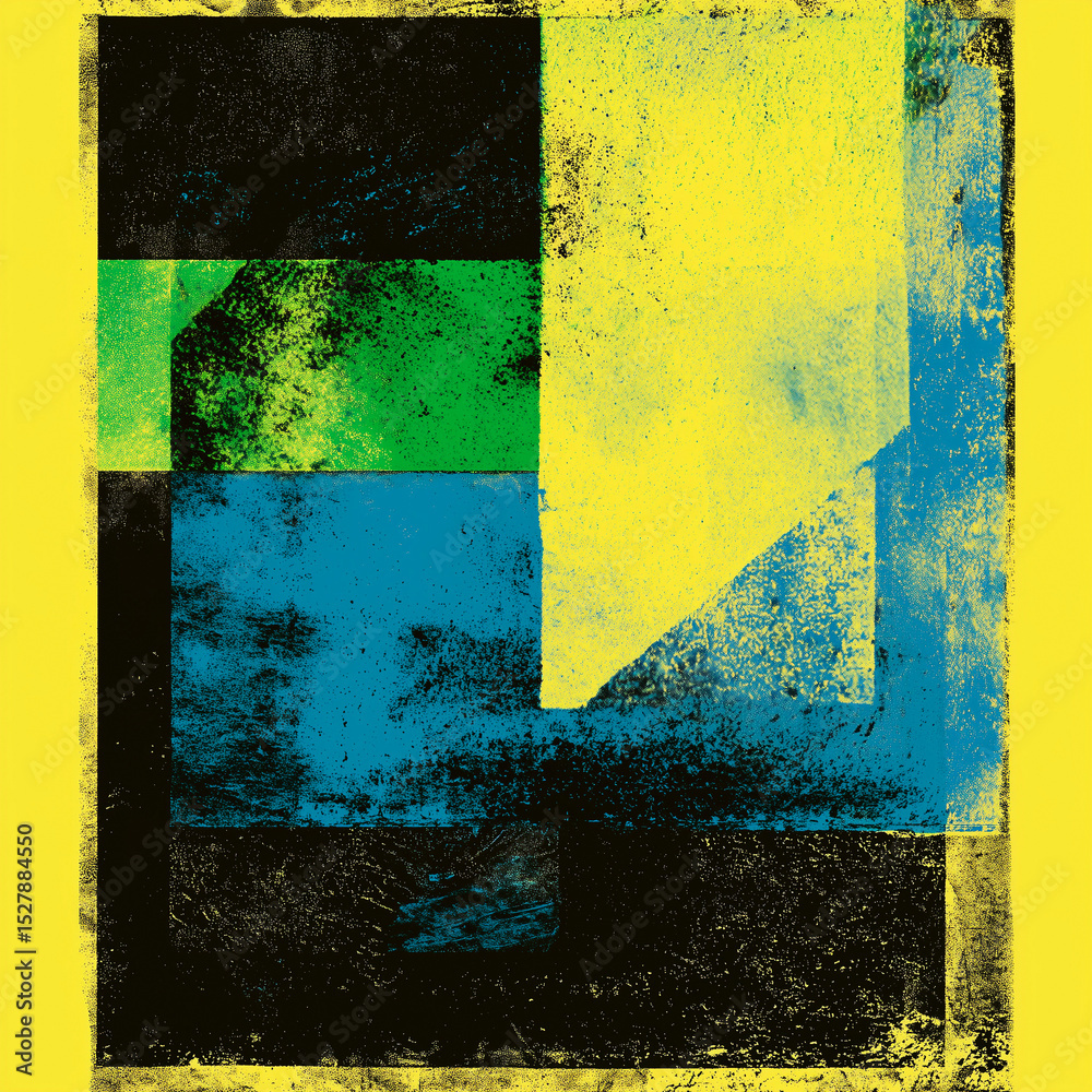 Naklejka premium Abstract Geometric Artwork with Textured Color Blocks in Green, Yellow, Black, and Teal