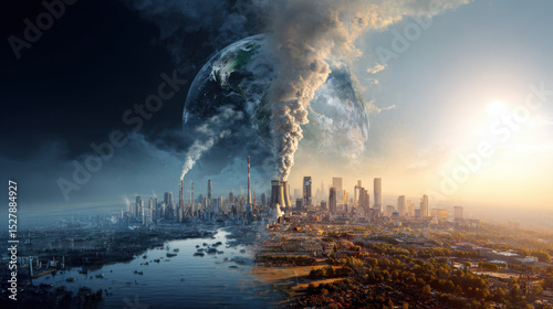 Polluted, flooded factories vs. green, bright cityscape. Stark contrast