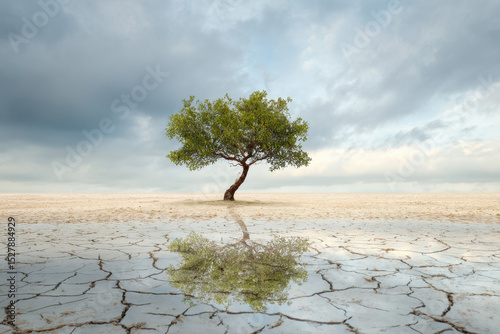 A single tree stands alone, reflecting in diminishing water above cracked soil