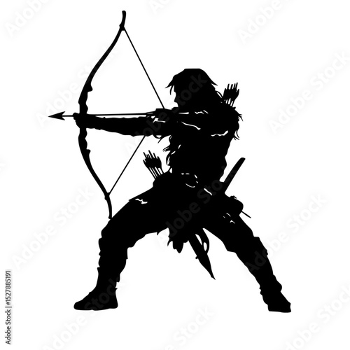 a black silhouette of a woman with a bow and arrow arrow, black, bow, silhouette, woman , Generative art.