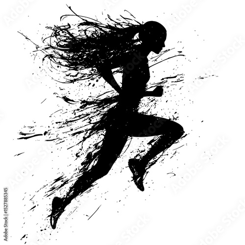 black and white silhouette of a girl with flowing hair jumping and dancing art, black, dance, girl, hair, jump, run, silhouette, woman , Generative art.