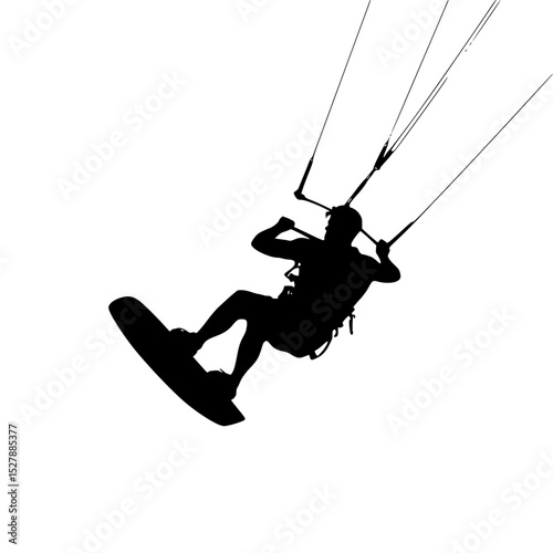 a black and white silhouette of a person parasailing black, board, man, person, rope, silhouette , Generative art.