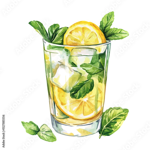 Mint Lemonade, watercolor vector, high quality, isolated on a white background.