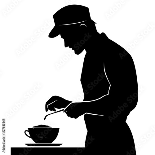 black silhouette of a man in a hat stirring a bowl of soup or food with a spoon black, bowl, cup, food, hat, man, person, silhouette, soup, spoon, stir, sugar, table, tea , Generative art.