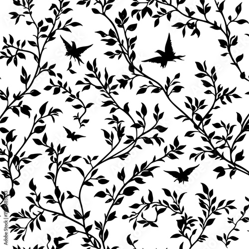 black silhouette of a plant with branches, flowers and birds on a white background bird, black, branch, floral, flower, pattern, plant, silhouette, tree, tree branch , Generative art.