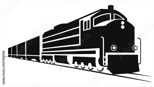 Vector Silhouette of a Freight Train/A bold, black silhouette of a freight train moving forward.
