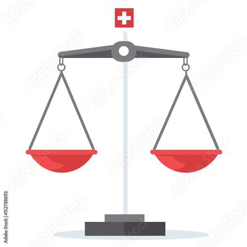 Gray Scale of Justice with Red Bowls on White Background Symbolizing Legal Balance and Lawful Equilibrium