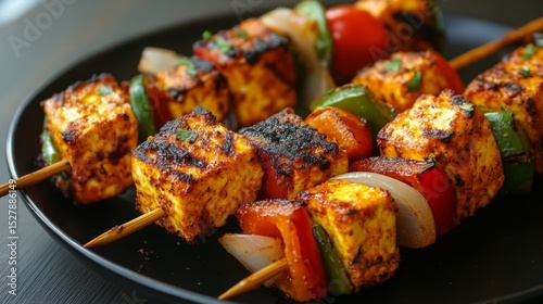 A delicious plate of paneer tikka skewers, grilled to perfection with bell peppers and onions