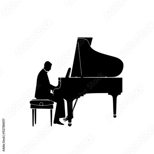 a black silhouette of a man playing a grand piano black, man, piano, play, play on, silhouette, sit , Generative art.