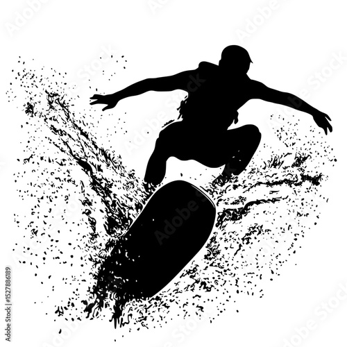 a black silhouette of a man riding a surfboard on a wave black, board, man, ride, silhouette, surf, surfboard, surfer, water, wave , Generative art.