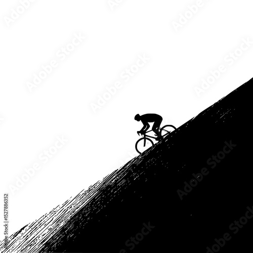 a black and white silhouette of a person riding a bicycle down a steep slope bicycle, bike, black, cyclist, hill, man, mountain, person, ride, silhouette, slope, steep , Generative art.