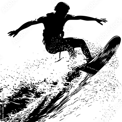 a black and white drawing of a person on a surfboard riding a wave in the water black, board, drawing, man, person, ride, silhouette, surf, surfboard, surfer, water, wave , Generative art.