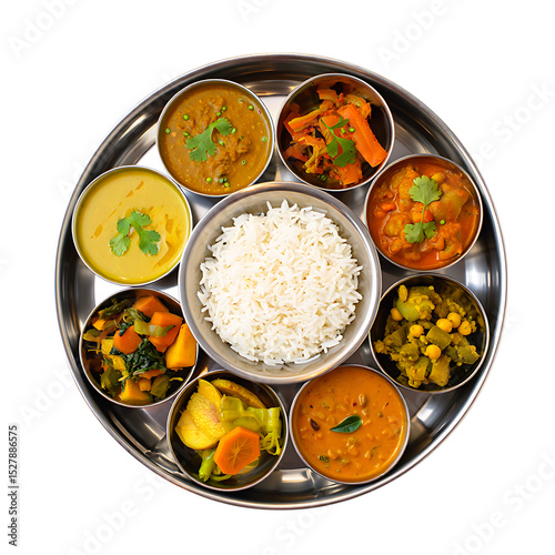 Indian thali meal with various curries and rice isolated on white background