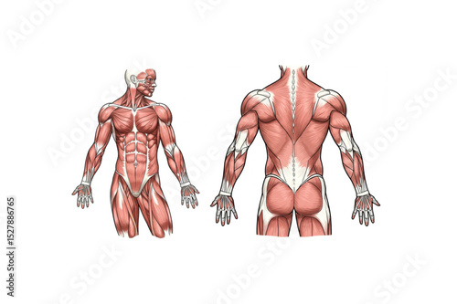 Detailed Human Muscular System Anatomy Graphic ideal for medical education materials, fitness publications, or artistic anatomical design projects.
