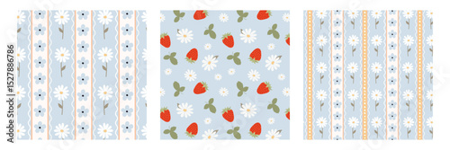 Seamless vector patterns with daisies, strawberries, and stripes in soft pastel colors. Retro-inspired floral design perfect for fabric, packaging, scrapbooking, and home decor.
