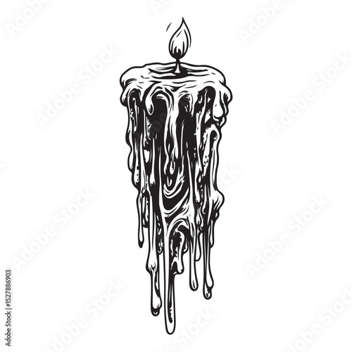 candle silhouette , black and white illustration isolated on white background, Black silhouette of a dripping candle with flame on white background