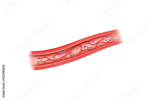 A detailed blood vessel cross-section diagram showing capillaries and blood cells perfect for medical education materials or scientific publications.