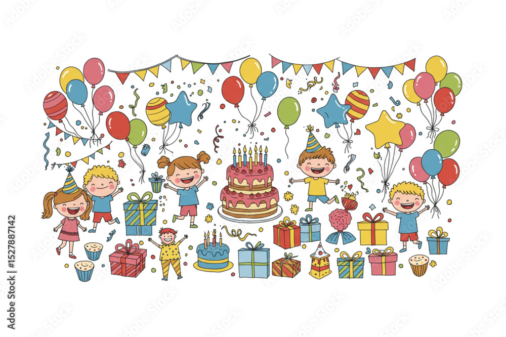 Fototapeta premium Delightful Children's Birthday Party Graphic Featuring Balloons, Cakes, and Gifts Perfect for Invitations and Festive Designs
