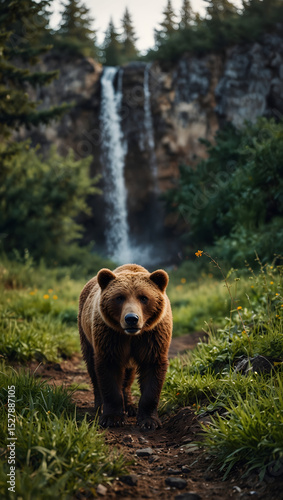 A bear stands majestically in a misty forest, surrounded by tall trees, lush greenery, bear on nature scene background with copy space backdrop portrait and a wild bear in a forest.