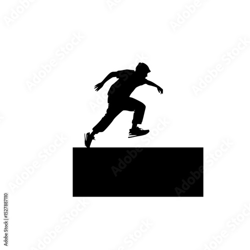 a black and white silhouette of a man riding a skateboard black, jump, man, person, ride, silhouette, skateboard, skateboarder , Generative art.