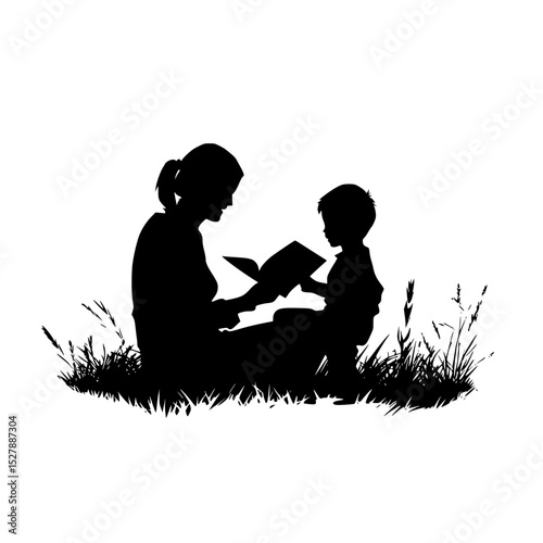 a silhouette of a woman reading a book to a boy and a child sitting down in the grass book, boy, child, girl, grass, mother, read, silhouette, sit, woman , Generative art.