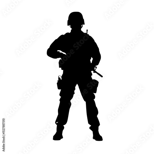 a black silhouette of a soldier standing with a rifle in his hand black, hand, helmet, man, silhouette, soldier, stand, uniform , Generative art.