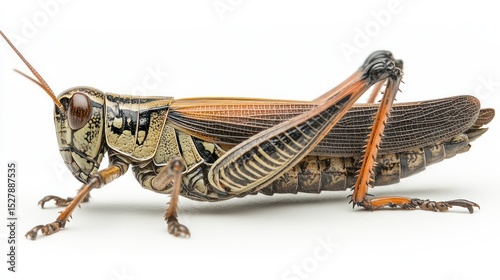 Side view of a grasshopper.  Detailed, patterned insect