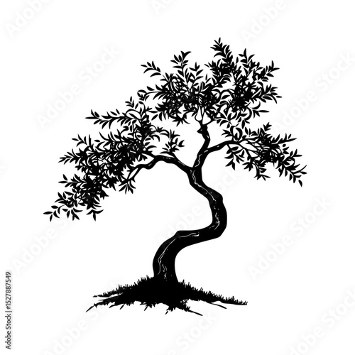 a black and white silhouette of a bonsai tree black, silhouette, tree , Generative art.