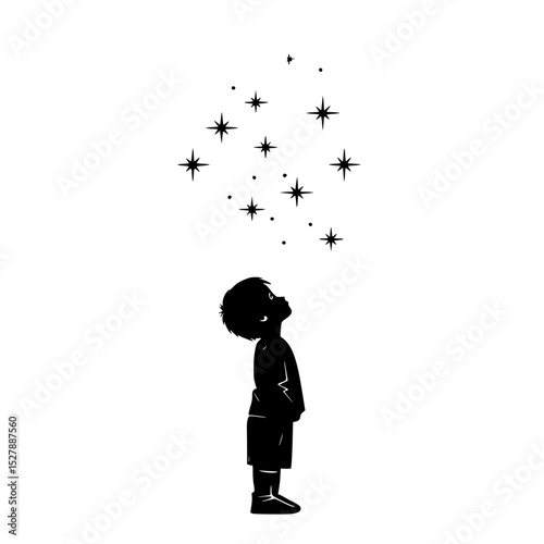 a black silhouette of a little boy looking up at the stars in the sky black, boy, child, little, look, silhouette, sky, stand, star , Generative art.
