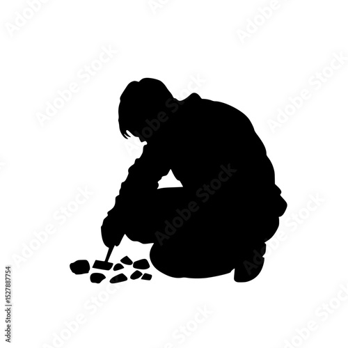 black silhouette of a child or man crouched on the floor and picking up rocks black, boy, child, floor, man, rock, silhouette, stone , Generative art.