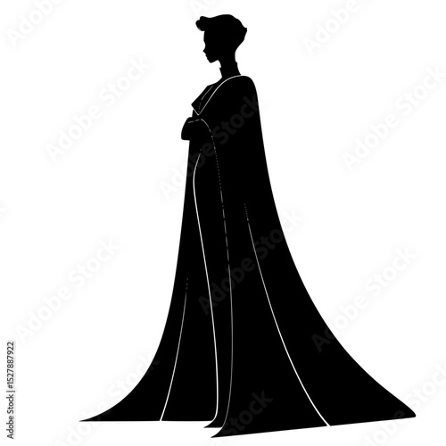 a black silhouette of a beautiful woman dressed in a long veil and cape beautiful, black, cape, design, dress, female, gown, illustration, long, silhouette, veil, woman , Generative art.