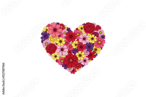 A lovely floral heart design perfect for Valentine's Day cards, romantic branding, and spring-themed projects featuring various flowers and a scalable design.