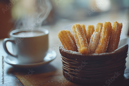 Basket of cinnamon sugar churros beside cup of hot chocolate, warm rustic setup with cozy dessert presentation