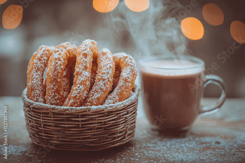Basket of cinnamon sugar churros beside cup of hot chocolate, warm rustic setup with cozy dessert presentation