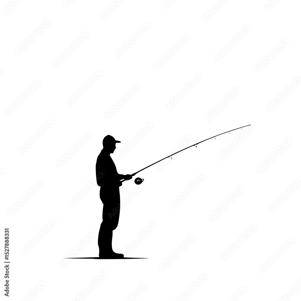 Obraz premium a black silhouette of a man fishing with a fishing rod black, fish, fisherman, fishing rod, man, person, silhouette, stand , Generative art.