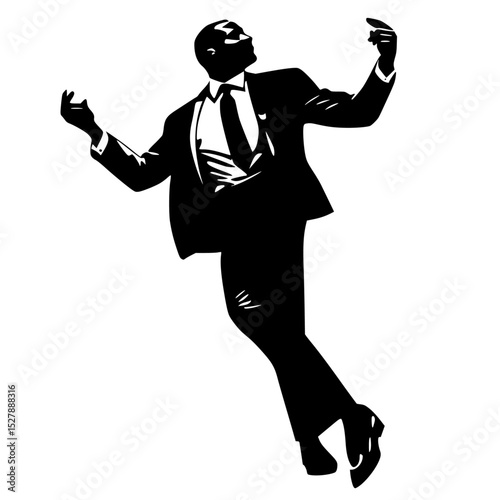 a black silhouette of a man dressed in a suit and tie dancing black, business suit, dance, dress, hat, man, point, silhouette, suit, tie, wear , Generative art.
