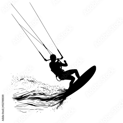 a black and white silhouette of a person riding a board black, board, man, person, ride, silhouette, water, wave , Generative art.