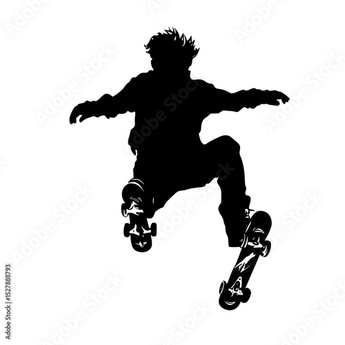 a black and white silhouette of a young man riding a skateboard black, boy, jump, man, person, ride, silhouette, skateboard, skateboarder, young , Generative art.