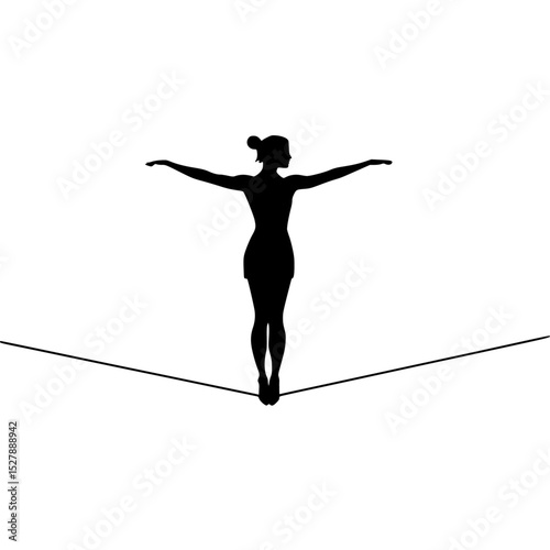 a black and white silhouette of a woman standing on a rope arm, black, rope, silhouette, stand, walk, woman , Generative art.