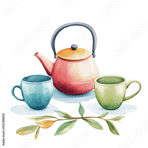 Modern Matte Teapot And Minimalist Mugs, watercolor painting vector, high quality, isolated on a white background.
