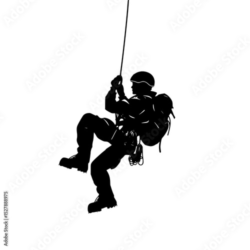 a black and white silhouette of a soldier with a backpack and rope backpack, black, man, person, rope, silhouette, soldier , Generative art.