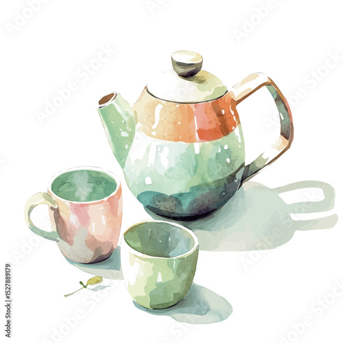 watercolor vector of Modern Matte Teapot And Minimalist Mugs, high quality, isolated on a white background.