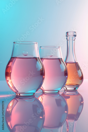 Artistic glassware with colorful liquids, reflecting light in a modern setting