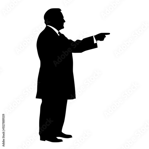 a black and white silhouette of a priest in a black suit with a gun in his hand pointing at his finger black, finger, gun, hand, man, point, priest, robe, silhouette, stand, suit , Generative art.